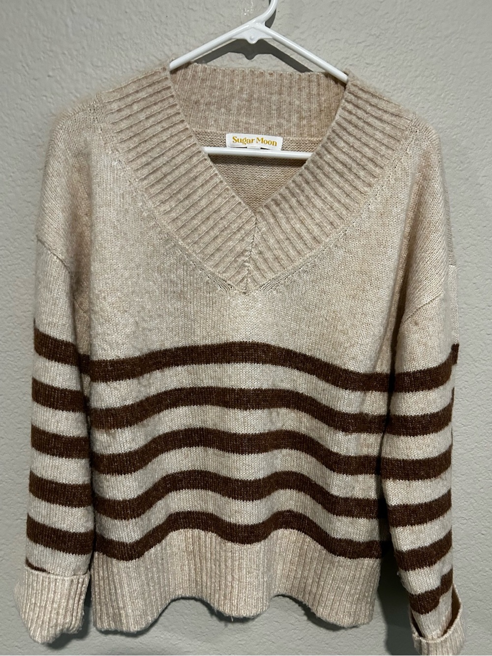 Sugar Moon Cream V-Neck Sweater with Brown Stripes